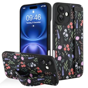 Imagem de AIGOMARA Capa protetora de silicone para iPhone 16 Plus com alça para mulheres e meninas, estampa floral fofa, preta