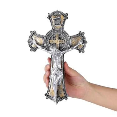 Imagem de Taprion Cruz de parede crucifixo - arte de parede de resina de São Bento - Cruz dourada de 25 cm dá bênção e o sagrado espiritual: presente de fé para seus conhecidos