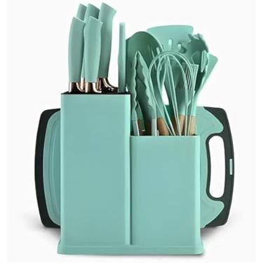 Imagem de Utensilios para Cozinha Silicone Kit com 19 Peças Cabo Madeira Conjunto Completo Espátula Concha Colher Jogo Suporte Faca Antiaderente Tabua Tesoura Faqueiro (verde)