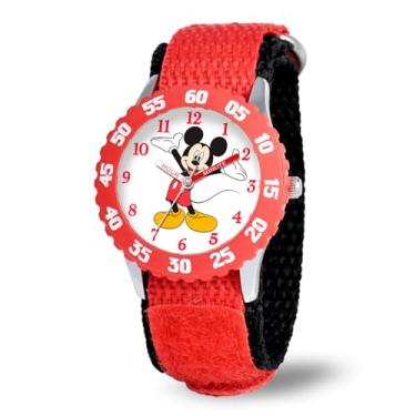 Imagem de Disney Relógio infantil de aço inoxidável Mickey Mouse "Time Teacher" W001573 com pulseira de nylon vermelha, Vermelho