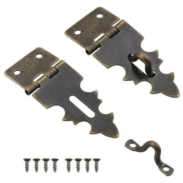 Imagem de ZZLZX 2 peças de metal vintage mini trinco 8 parafusos pequenas dobradiças de latão decorativo mini ferrolho caixa de presente painel fechadura caixa de joias caixa de madeira armário artesanato caixa