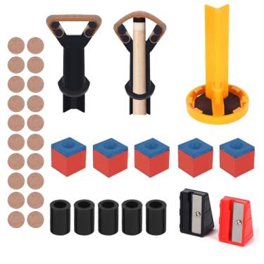 Imagem de Vefungyan Kit de reparo de ponta de taco de sinuca de 37 peças: 20 pontas de taco de bilhar 2 grampos para tacos 5 virolas pretas de giz de bilhar 4 modeladores de bilhar 1 lixadeira