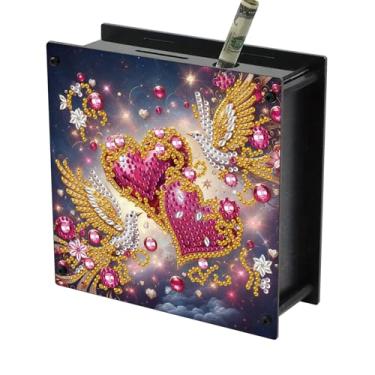 Imagem de LXTONG Pigeons Diamond Art Cofrinho, pintura acrílica de diamante, caixa de economia de dinheiro, moedas pombo, corações, dinheiro, caixa de desafio com diamantes para presentes de aniversário de