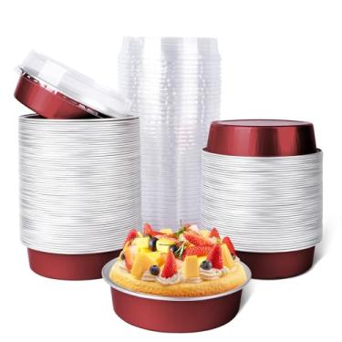 Imagem de Beasea Mini latas descartáveis com tampas, embalagem com 120, 10 cm, 207 g, 215 ml, recipiente redondo de alumínio para assar, para sobremesa, cupcake, cheesecake, ramekin, quiche - vinho tinto