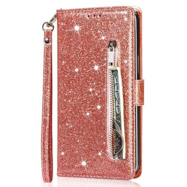 Imagem de LYJSMGZ Capa flip com glitter para iPhone 16E, capa de telefone feminina com fecho magnético de couro brilhante brilhante com aba estilo carteira antiqueda, rosa, 16E