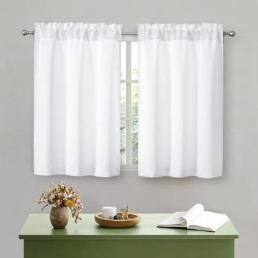 Imagem de OWENIE Cortinas de cozinha brancas de 91 cm de comprimento curto para janela pequena, cortinas sobre pia, cortina de café meia janela com filtragem de luz para armário de porão de banheiro, 2 peças