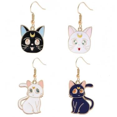 Imagem de Conjunto de brincos pendentes de gato fofo, estilo anime luna, esmalte preto e branco, 2 pares, 0.8 Inches, Metal Esmalte metal, Sem pedra preciosa