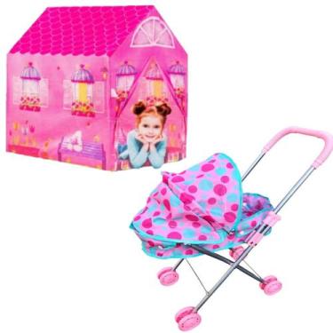Imagem de Kit Carrinho Boneca Berço Passeio C/ Cabana Barraca Princesa - DM Toys