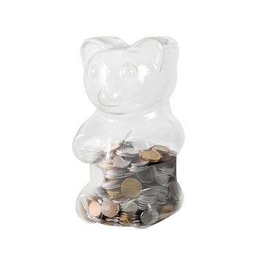 Imagem de Cofrinho transparente em forma de urso pequeno de 17,8 cm, cofrinho de plástico com tampa giratória e ranhura para adultos e crianças, caixa de economia de dinheiro reutilizável para aniversário