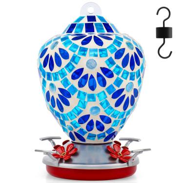 Imagem de VOREEN Alimentador de beija-flor de mosaico de vidro, 1000 ml com fosso de formiga e 4 portas de alimentação, alimentador de pássaros suspenso de vidro soprado à mão, decoração de quintal de jardim de