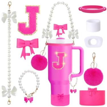 Imagem de Conjunto de acessórios de copo Stanley rosa de 9 peças para copo de 850 g 1,134 g com alça, inclui alça de pérola, topos de palha e bota de laço, pingentes de decoração, adesivo de letra, tampas à