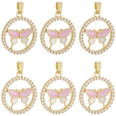 Imagem de Beebeecraft 6 peças de pingentes de borboleta para colares, banhado a ouro 18K, redondo, rosa, zircônia cúbica para fazer joias, brincos, pulseiras, colar, artesanato, presente feminino