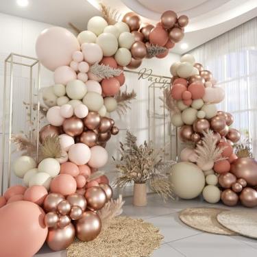 Imagem de MOXMAY Kit de arco de balões de ouro rosa e branco empoeirado, 160 peças boho retrô rosa branco areia metálica ouro rosa blush guirlanda rosa para meninas chá de bebê, chá de panela, aniversário,