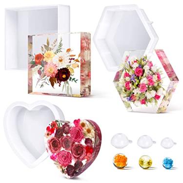Imagem de 3 peças de moldes grandes de silicone para resina brilhante quadrado profundo hexágono, moldes de silicone hexagonal, suportes de livros de coração, molde de resina com 3 moldes redondos de resina epóxi para preservação de flores, faça você mesmo, decoração de casa