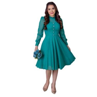 Imagem de Vestido Feminino Midi de Festa Social Rodado Mangas Longa Acinturado M