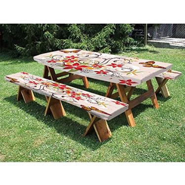 Imagem de Capa de toalha de mesa de piquenique floral e banco ajustada, borboletas e flores florescentes, buquê de botânica, para uso ao ar livre, parque, terraço, 76 x 182 cm, bege, verde, vermelho