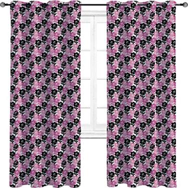 Imagem de Cortinas blecaute de flores para quarto - Cortinas escurecidas com isolamento térmico com ilhós para sala de estar, três camadas trançadas, L 182 x C 236 cm preto rosa-choque rosa pálido branco