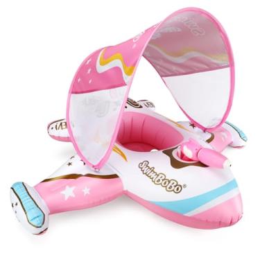Imagem de Swimbobo Boia De Piscina Infantil Rosa Inflável Avião Carro Bebê Nadador Com Pistola Água E Assento Segurança Brinquedos Para Crianças 3+ Anos (Dossel Branco)