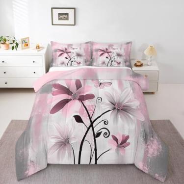 Imagem de Feelyou Conjunto de edredom solteiro com estampa de margarida, vintage, floral, borboleta, rosa, branco, cinza, simples, arte abstrata, decoração de quarto