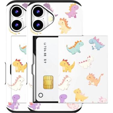 Imagem de MUQR Capa compatível com iPhone 16 Plus com suporte de cartão fofo - Design Kawaii, proteção contra quedas de nível militar, capa carteira robusta para mulheres (dinossauros de desenho animado branco)