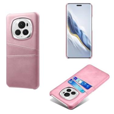 Imagem de Capas Compatível com Honor Magic6 Pro,Caso de couro PU-Tampa de telefone a prova de choque com 2 slots de cartão,Proteção anti-impressão digital e anti-gota-Pink