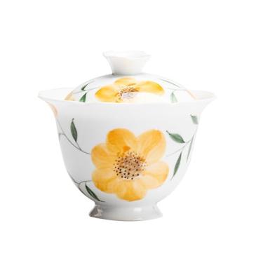 Imagem de Conjunto de chá de Gongfu pintado à mão – Girassóis dourados em porcelana branca pura, inclui mini bule de chá, Gaiwan e xícaras de chá, presente de cerimônia do chá (Gaiwan)