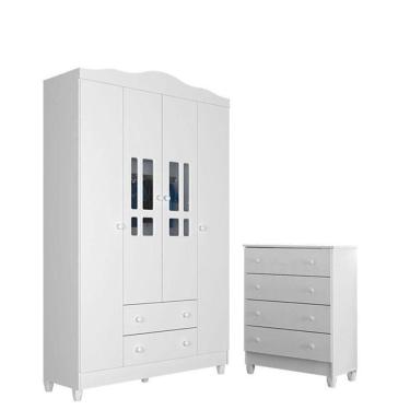 Imagem de Cômoda Gaveteiro E Guarda Roupa Ariel 4 Portas Branco Brilho - Carolina