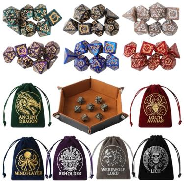 Imagem de Grajar Vintage Boss Totem 42 Piece Polyhedral Dice Set with 6 Color Matched Velvet Boss Pouches & PU Leather Dice Tray for Dungeons & Dragons, RPG & Tabletop Games