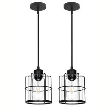 Imagem de DSMJFU DSMJFU Conjunto De 2 Luminárias Pendentes Pretas Modernas, Luminárias Pendentes De Cozinha Estilo Fazenda Com Vidro Transparente, Luzes De Ilha Vintage Ajustáveis, Luminária Suspensa Industri