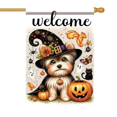 Imagem de Starlit Patio Halloween Yorkshire Terrier House Flag 71 x 101 cm abóbora chapéu de bruxa fofo filhote de cachorro bandeira de jardim dupla face exterior quintal bandeira varanda gramado outono feriado