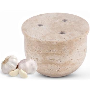 Imagem de Radicaln Suporte de alho de mármore para balcão, travertino de 11 cm, pequeno suporte de alho feito à mão para bancada, recipiente ideal para dentes de alho para armazenamento de cozinha