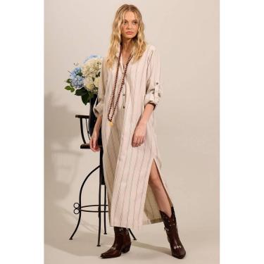 Imagem de Chemise Longo De Linho Com Fendas Bege Listrado Yacamim M7-Feminino