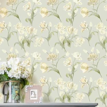 Imagem de Micpolo Papel de parede floral descascar e colar papel de parede floral verde para quarto/banheiro papel de contato boho para prateleiras/armários vintage removível decoração autoadesivo vinil de