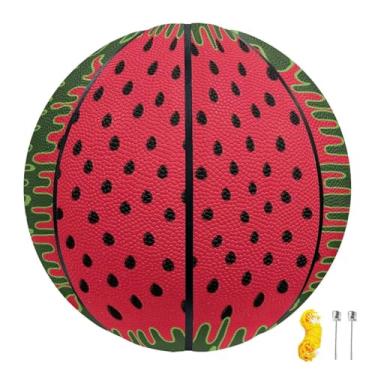 Imagem de PJHEQOXE Basquete de couro PU tamanho 5, tamanho 7, presente ideal para meninos e meninas, brinquedos legais para adolescentes, personalidade, basquete, estampa de melancia (vermelho verde)