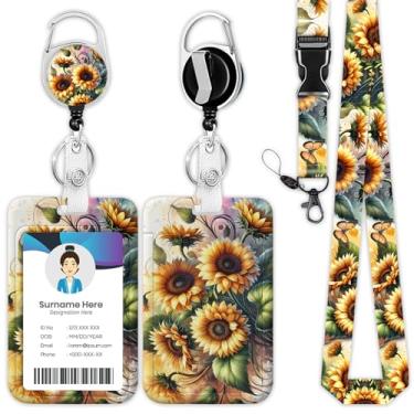 Imagem de Cordão para crachá de girassol, suporte de crachá de identificação floral floral, clipes retráteis para médico, enfermeira, professor, escritório, estudante