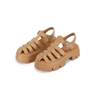 Imagem de Coutgo Sandálias Femininas De Salto Grosso Com Plataforma, Gladiador, Tira No Tornozelo, Sola Strass, Sapatos Pescador Y2K, Marrom Claro