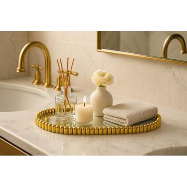 Imagem de Bandeja Decorativa Retangular Dourada Espelhada – Metal com Espelho Premium – Multiuso para Sala, Banheiro, Quarto, Penteadeira, Mesa, Closet e Decoração (Oval Ondulada)