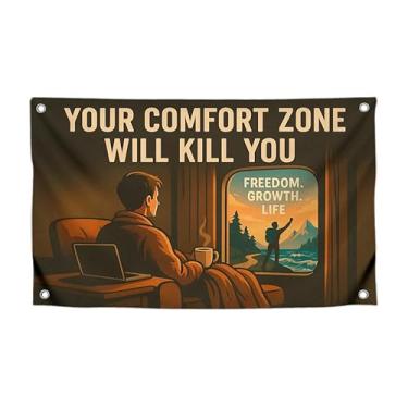 Imagem de Bandeira de meme de 9,5 x 1,5 m com citação "Your Comfort Zone Will Kill You" com quatro ilhós de latão - Tapeçaria divertida de poliéster para decoração de parede de dormitório universitário - Meme