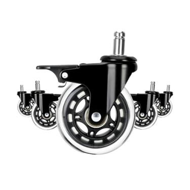 Imagem de 5 pacotes de 3 rodas giratórias para cadeira de escritório com freios para pisos e carpetes de madeira, reposição rotação silenciosa e resistente – Feito de borracha de poliuretano premium macia, estilo rollerblade com ajuste universal