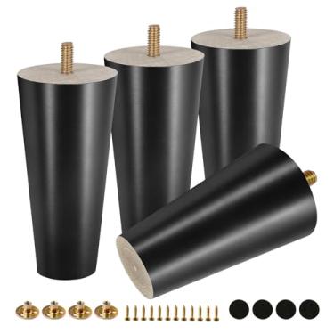 Imagem de FoDau770 Pernas de móveis de madeira de borracha preta, 12 cm, pés de madeira afunilados retos de meados do século, conjunto de 4, peças de reposição para pés de móveis UNC de 5/40.6 cm para armário