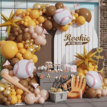 Imagem de Kit de arco de guirlanda de balão de beisebol, 140 peças de café marrom amarelo dourado nude com balões de estrela de taco de beisebol 3D para suprimentos de festa