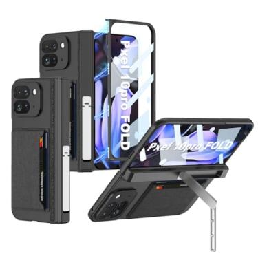 Imagem de HAOMRIYL Capa para Google Pixel 10 Pro Fold, compartimento para cartão, suporte ajustável, com protetor de lente de tela, dobradiça, capa antiarranhões, preta, dobra 10 Pro
