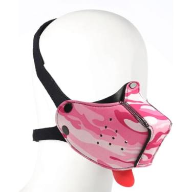 Imagem de Máscara de neoprene com focinheira de cachorro com capuz para brincar com capuz novidade acessórios de fantasia de cabeça de cachorro (rosa camuflado, tamanho único)