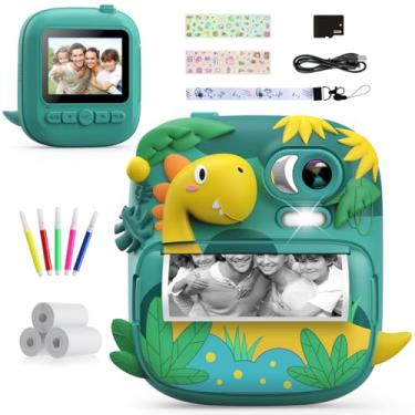 Imagem de Câmera infantil com impressão instantânea, câmera CAMCLID de 6 cm para crianças, dinossauro, câmera digital infantil com cartão de 32 GB e 3 rolos de papel, brinquedos de presente de aniversário de
