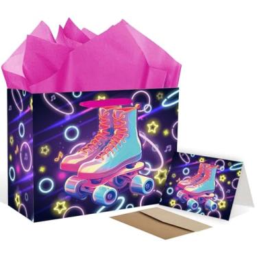 Imagem de EIGHTSTATES Conjunto de sacolas de presente de patinação roxa – Inclui bolsa de lembrancinhas de festa, cartão de felicitações, papel de seda e envelope para festa de aniversário de patins, meninos e
