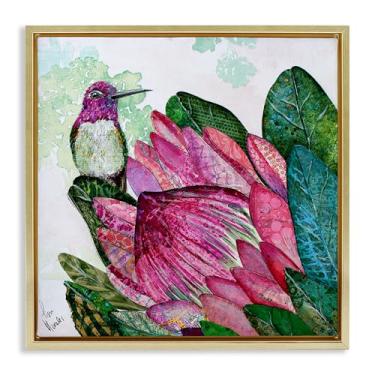 Imagem de Stupell Industries Design de arte de parede em tela flutuante com moldura dourada beija-flor e Protea por Lisa Morales, 45,7 x 45,7 cm