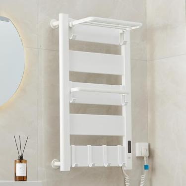 Imagem de Toalheiro aquecido para banheiro montado na parede aquecedor de toalhas elétrico com prateleira superior, aquecedor de toalha de banho com temporizador e ajustes de temperatura para chuveiro banheira