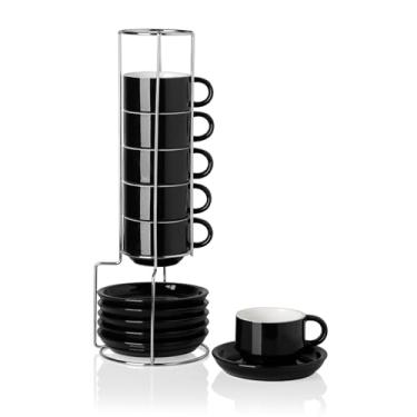 Imagem de Sweejar Conjunto de xícara de café expresso e pires de porcelana, copos empilháveis Demitasse com suporte de metal, 118 ml para café com leite, café, café mocha, chá, conjunto de 6 (Preto)