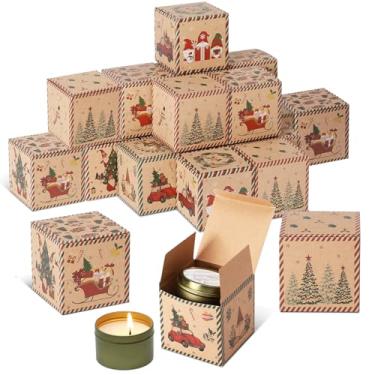 Imagem de Humyoun 24 caixas de mini velas de Natal, pequenas caixas de presente de Natal com tampas, 7,6 x 7,6 x 7,6 cm, embalagem de velas de Natal, sacos kraft para embrulho de presente, decorações de festa