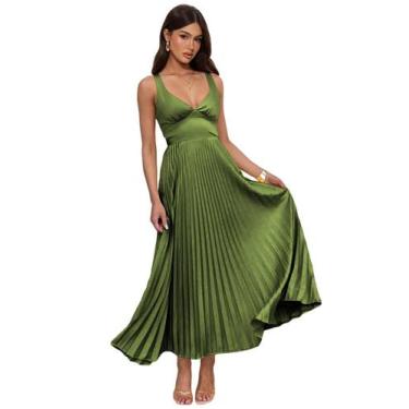 Imagem de Vestido formal QIAGE verde oliva, cetim, longo, império, cintura sem e